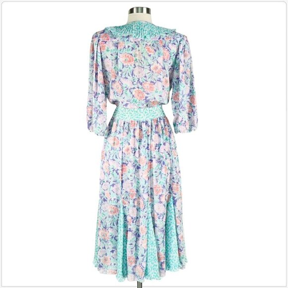 Assorti Susan Freis Vintage 80s Pastel Floral Ruffle Pleated Smocked Dress XS - Picture 4 of 5